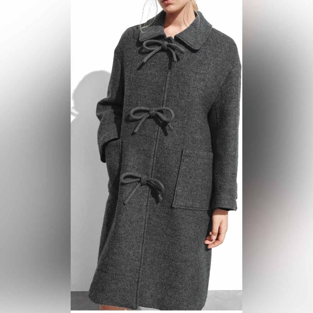 Urban Revivo Gray Wool-Blend Bow Detail Coat Size Small